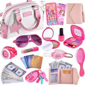 Play Purse for Little Girls, Kids Purse with Pretend Makeup for Toddlers, Princess Pretend Play Toys Accessories with Handbag, Phone,Watch,Birthday Gift for Age 3 4 5 6 7 8