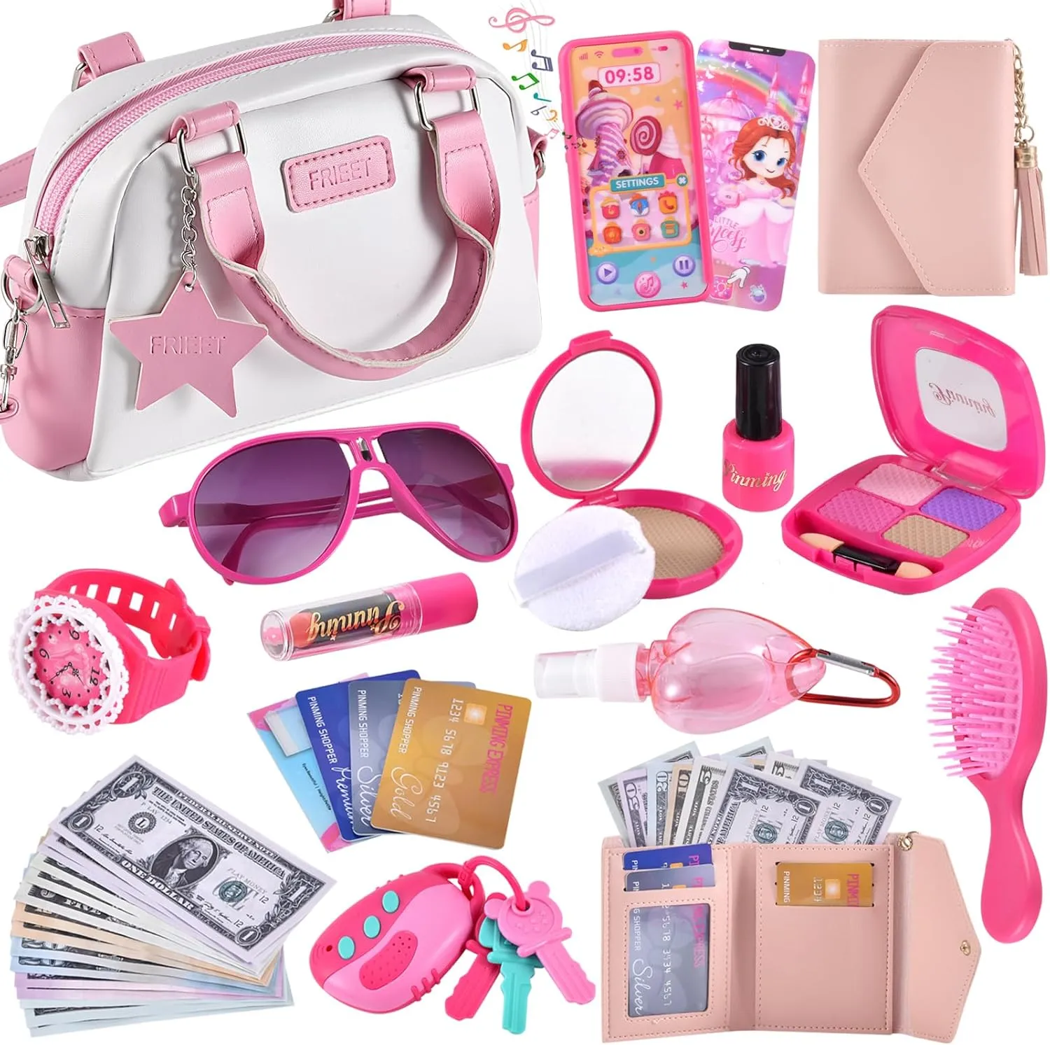 Play Purse for Little Girls, Kids Purse with Pretend Makeup for Toddlers, Princess Pretend Play Toys Accessories with Handbag, Phone,Watch,Birthday Gift for Age 3 4 5 6 7 8