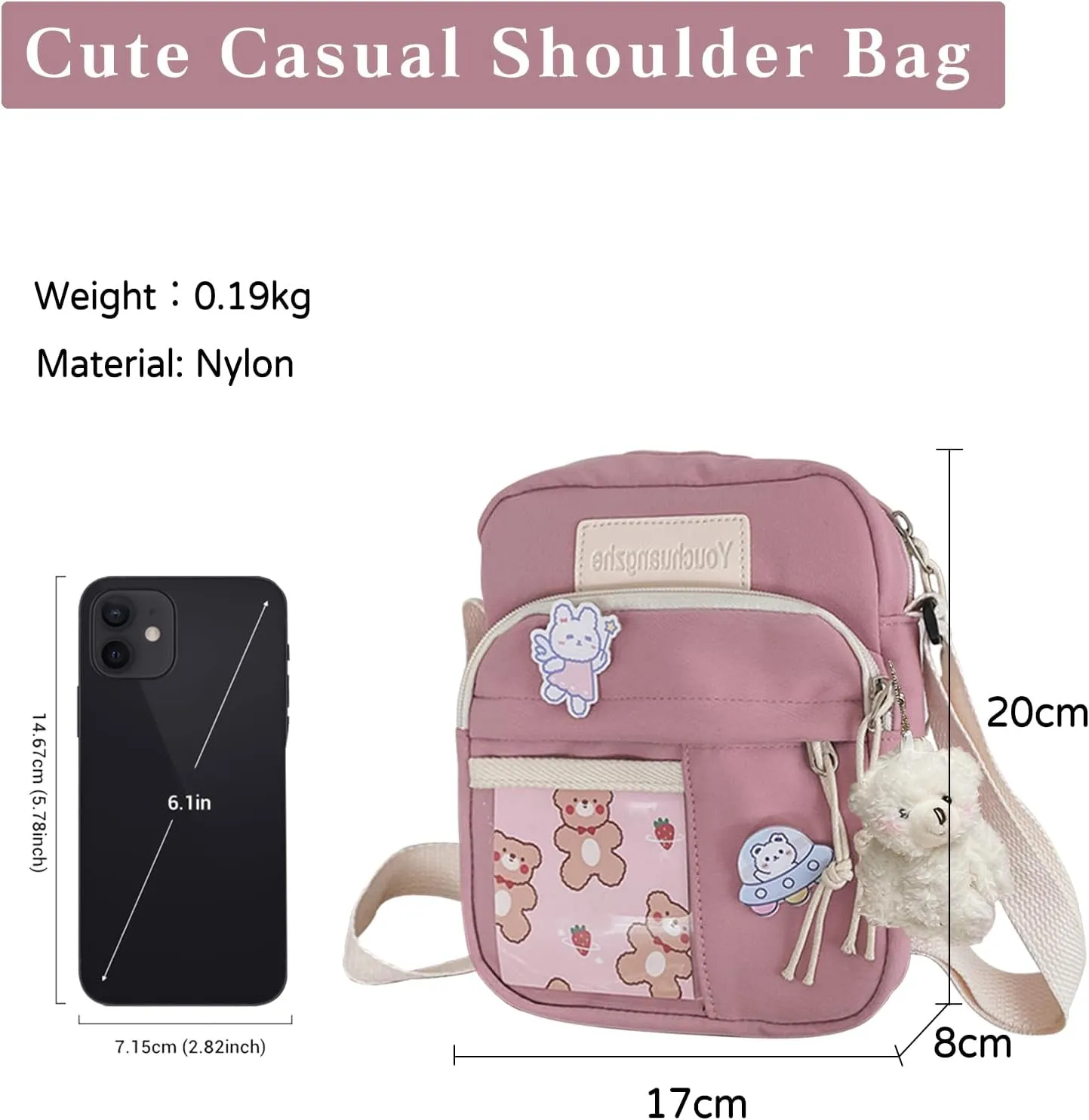 PORRASSO Cute Crossbody Bag Women Shoulder Bag with Doll Pendant Nylon Messenger Bag