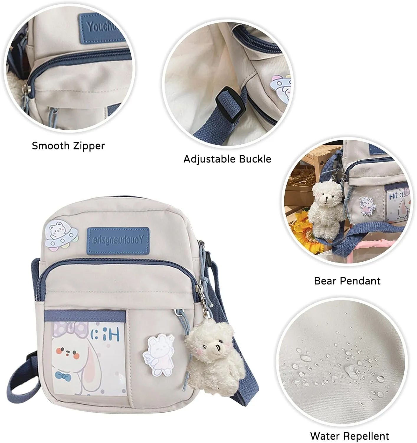 PORRASSO Cute Crossbody Bag Women Shoulder Bag with Doll Pendant Nylon Messenger Bag