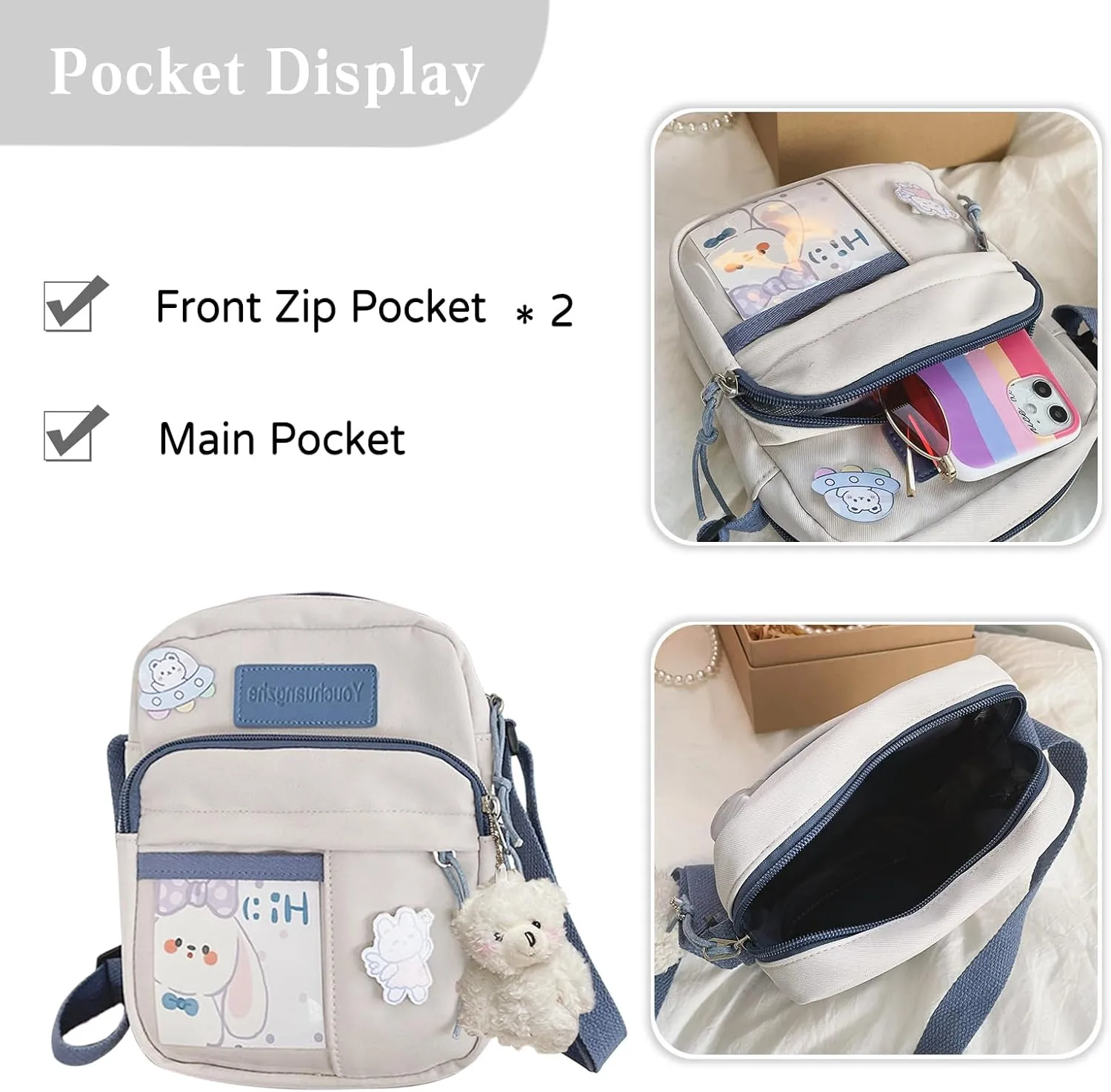 PORRASSO Cute Crossbody Bag Women Shoulder Bag with Doll Pendant Nylon Messenger Bag