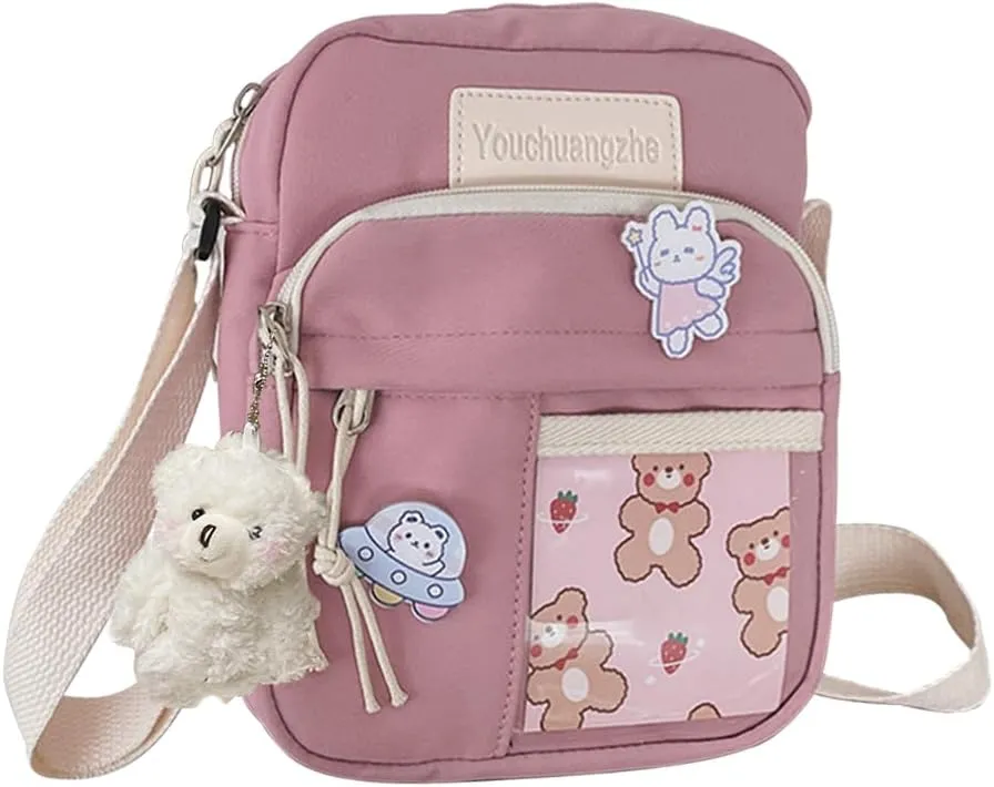 PORRASSO Cute Crossbody Bag Women Shoulder Bag with Doll Pendant Nylon Messenger Bag