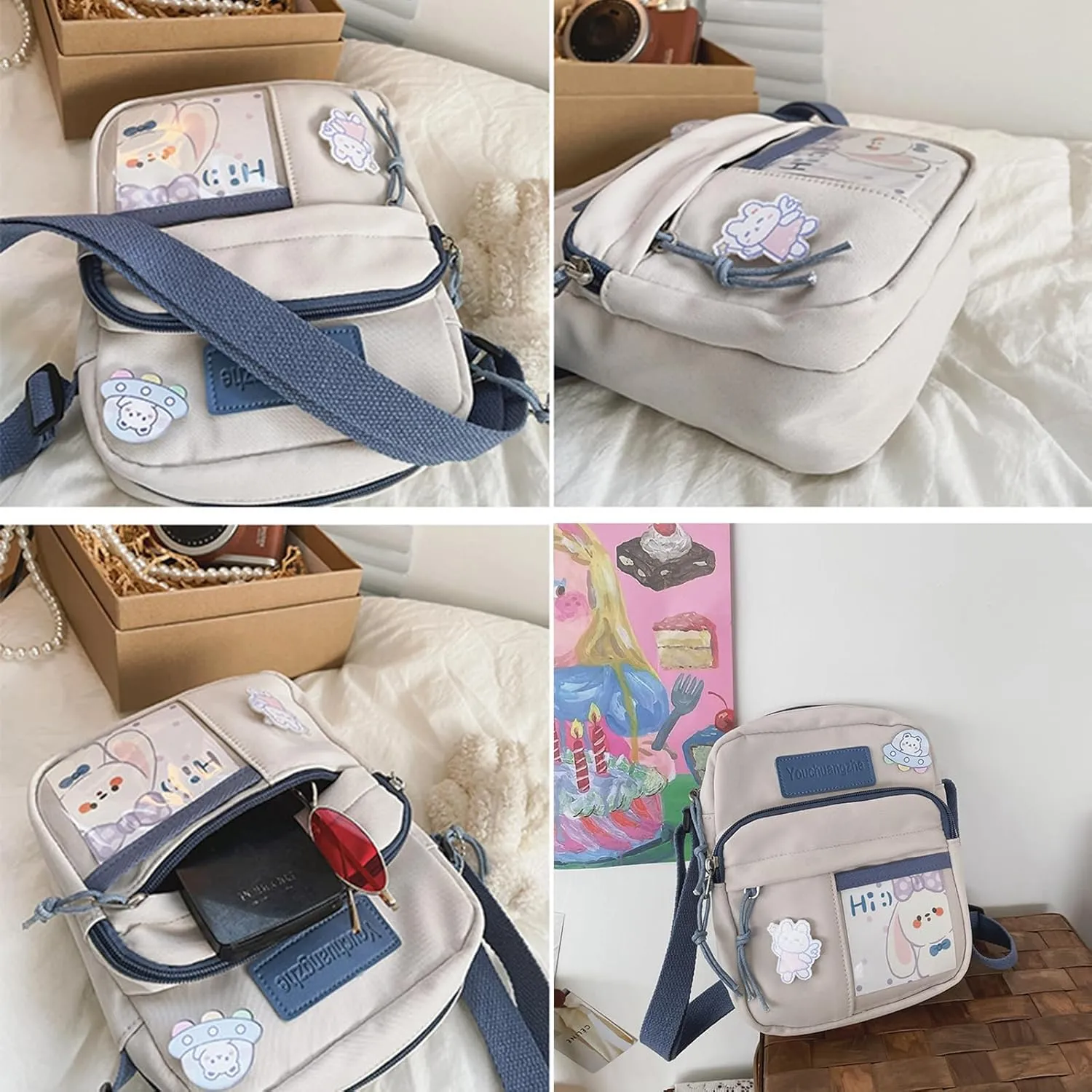 PORRASSO Cute Crossbody Bag Women Shoulder Bag with Doll Pendant Nylon Messenger Bag