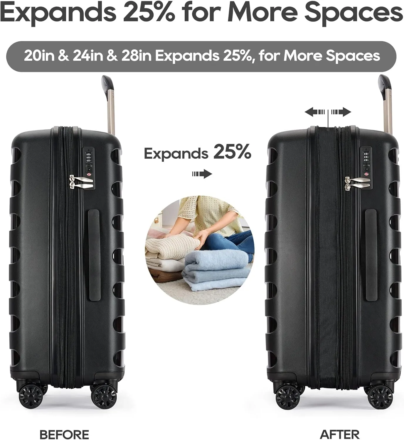 PP material 28inch expandable suitcase with Double Spinner Wheels， Suitcase with TSA Lock，Lightweight Large Luggage for Family Travel，Black color