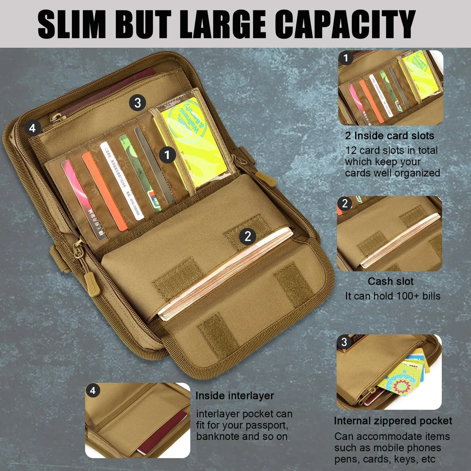 Protector Plus Tactical Wallet for Men ID Card Holder Military Credit Cards Organizer Pack Portable Handbag MOLLE Bag Purse (Patch Included), Brown