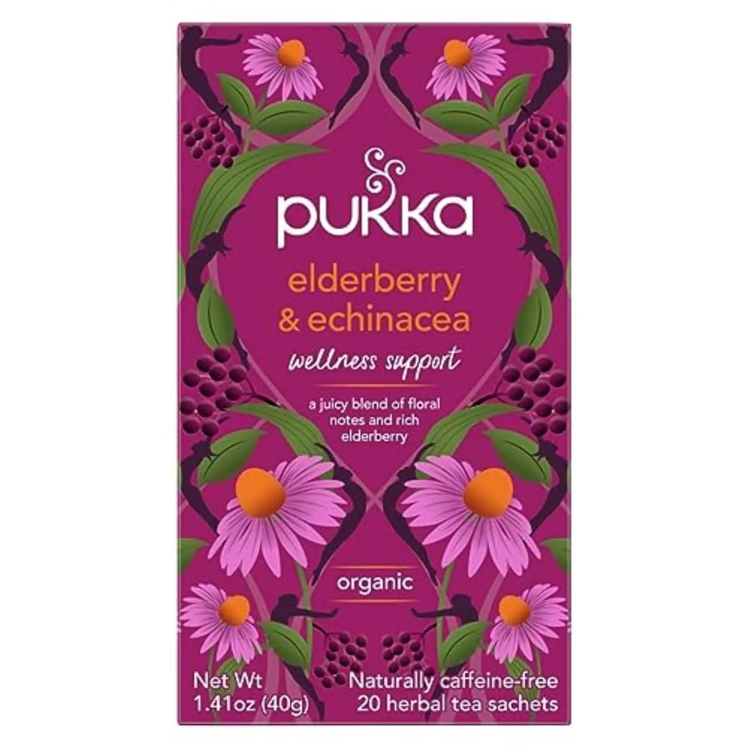 Pukka Organic Tea Bags, Elderberry & Echinacea Herbal Tea, Perfect for Wellness Support, Caffeine Free, 20 Count (Pack of 4) 80 Bags