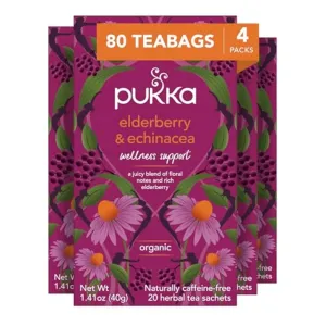 Pukka Organic Tea Bags, Elderberry & Echinacea Herbal Tea, Perfect for Wellness Support, Caffeine Free, 20 Count (Pack of 4) 80 Bags