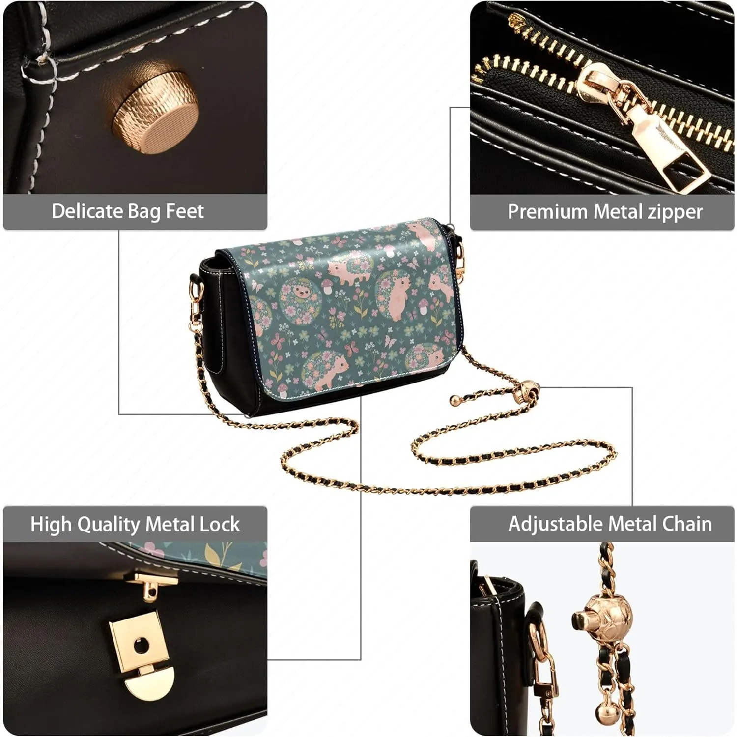Purple Floral Design PU Leather Shoulder Bag Gifts Crossbody Purses for Women Phone Handbags with Chain Strap