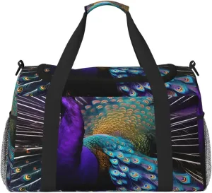 Purple Peacock Print Travel Hand Travel Bag Weekender Overnight Carry On Tote Foldable Crossbody Bag