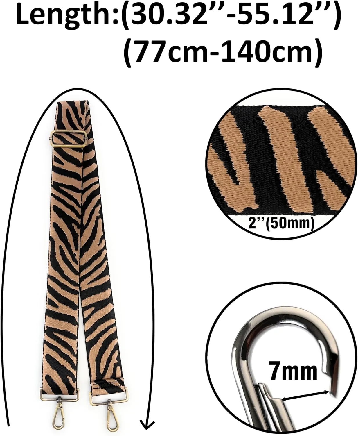 Purse Straps Replacement Crossbody Brown Zebra Stripes Print 2 Inch Extra Wide with Brass Buckles Adjustable Shoulder Guitar Strap for Crossbody Bag Purse Handbag
