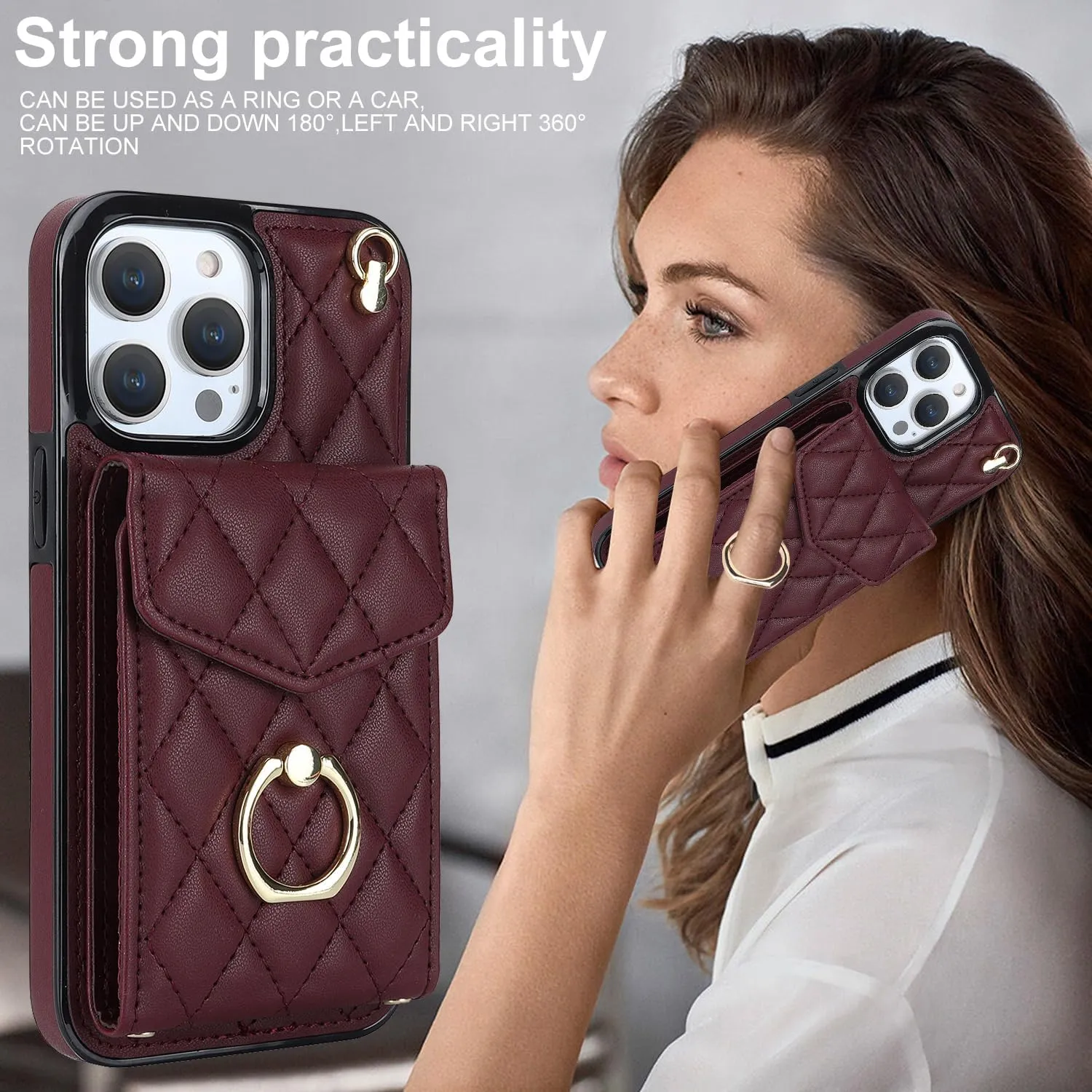 QLTYPRI Crossbody Wallet Case for iPhone 13 Pro Max, PU Leather Phone Case with RFID Blocking Card Slots Holder Ring Kickstand Wrist Strap Lanyard Handbag Purse Cover for iPhone 13 Pro Max – Wine Red