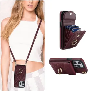 QLTYPRI Crossbody Wallet Case for iPhone 13 Pro Max, PU Leather Phone Case with RFID Blocking Card Slots Holder Ring Kickstand Wrist Strap Lanyard Handbag Purse Cover for iPhone 13 Pro Max – Wine Red