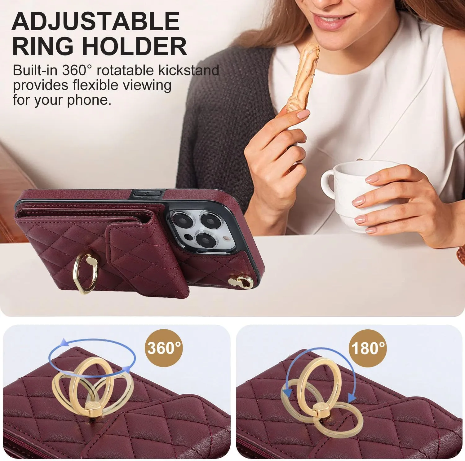 QLTYPRI Crossbody Wallet Case for iPhone 13 Pro Max, PU Leather Phone Case with RFID Blocking Card Slots Holder Ring Kickstand Wrist Strap Lanyard Handbag Purse Cover for iPhone 13 Pro Max – Wine Red