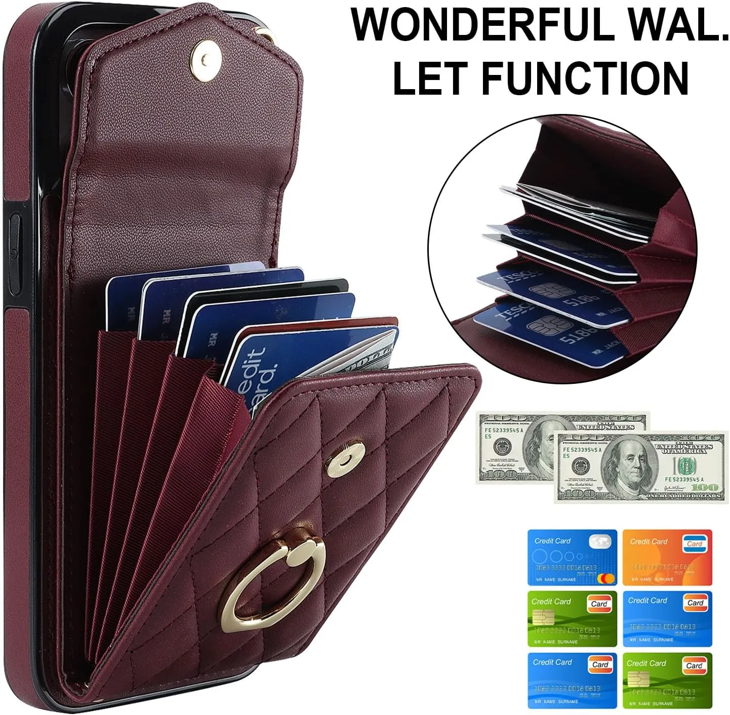 QLTYPRI Crossbody Wallet Case for iPhone 13 Pro Max, PU Leather Phone Case with RFID Blocking Card Slots Holder Ring Kickstand Wrist Strap Lanyard Handbag Purse Cover for iPhone 13 Pro Max – Wine Red