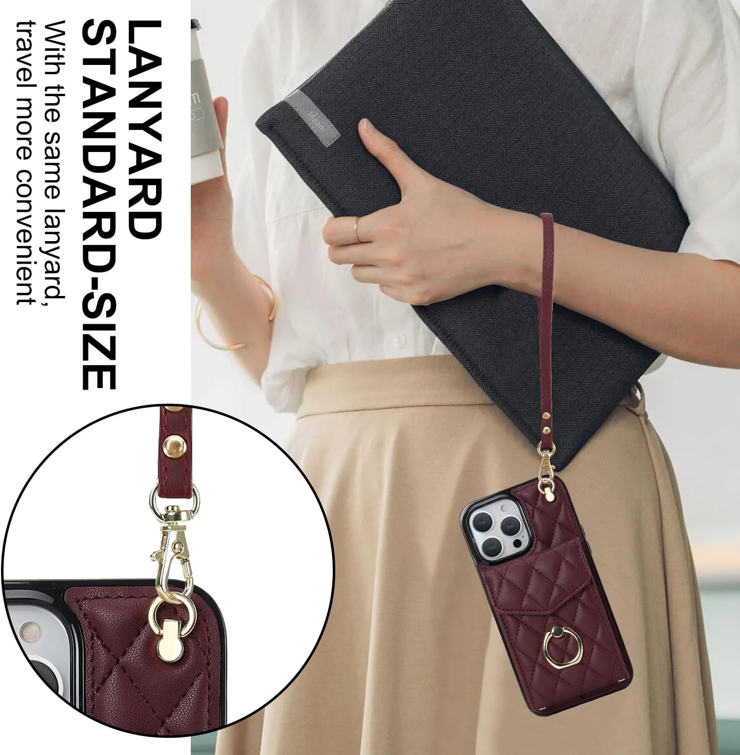QLTYPRI Crossbody Wallet Case for iPhone 13 Pro Max, PU Leather Phone Case with RFID Blocking Card Slots Holder Ring Kickstand Wrist Strap Lanyard Handbag Purse Cover for iPhone 13 Pro Max – Wine Red