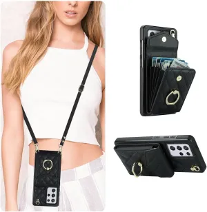QLTYPRI Crossbody Wallet Case for Samsung Galaxy S21 Ultra,PU Leather Phone Case with RFID Blocking Card Slots Holder Ring Kickstand Wrist Strap Lanyard Handbag Purse Cover for Samsung S21 Ultra–Black