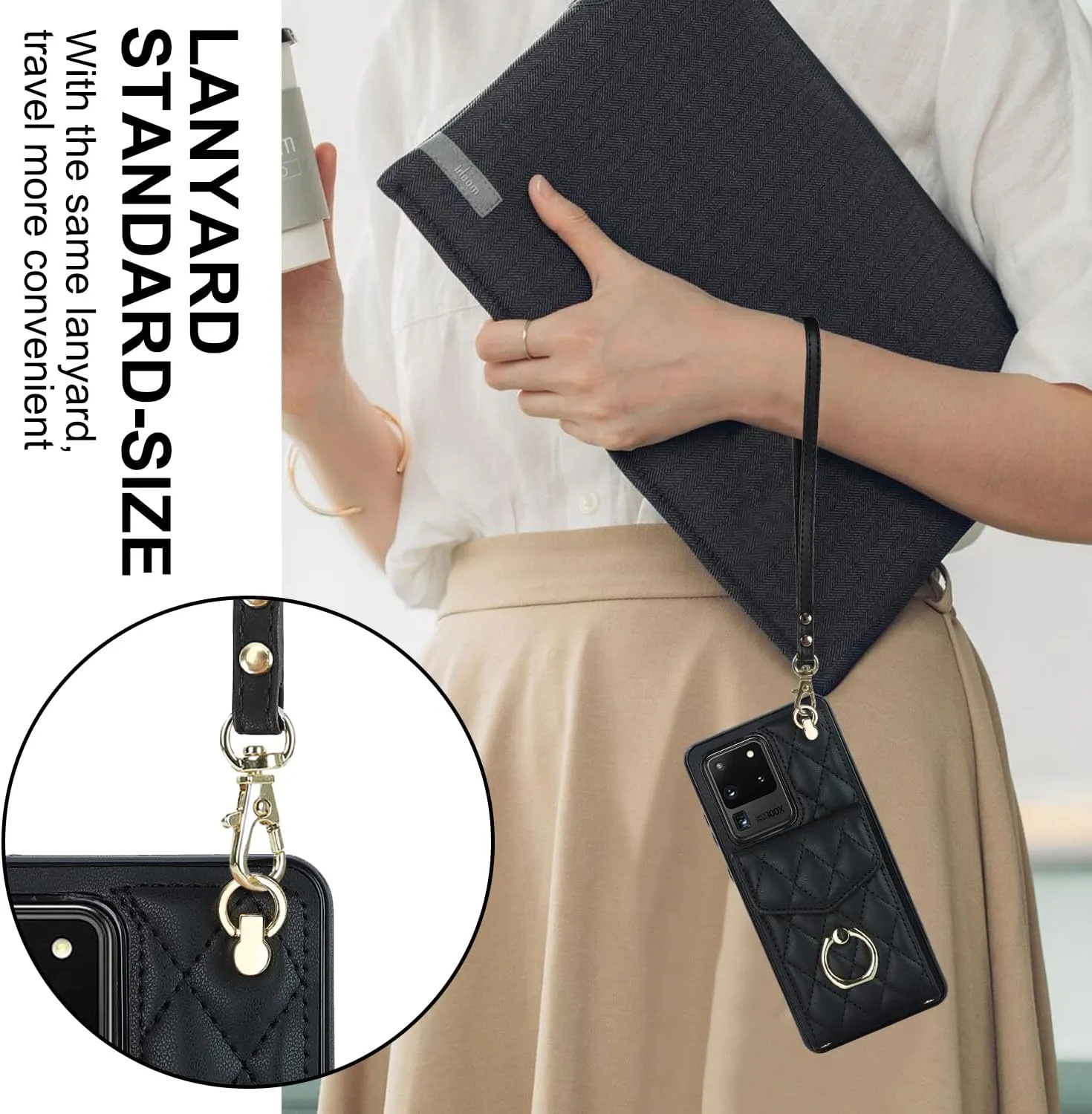 QLTYPRI Crossbody Wallet Case for Samsung Galaxy S21 Ultra,PU Leather Phone Case with RFID Blocking Card Slots Holder Ring Kickstand Wrist Strap Lanyard Handbag Purse Cover for Samsung S21 Ultra–Black