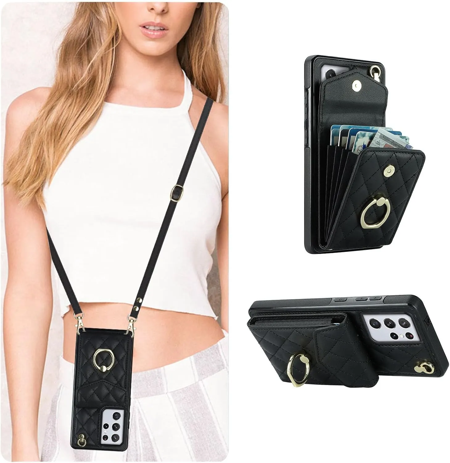 QLTYPRI Crossbody Wallet Case for Samsung Galaxy S21 Ultra,PU Leather Phone Case with RFID Blocking Card Slots Holder Ring Kickstand Wrist Strap Lanyard Handbag Purse Cover for Samsung S21 Ultra–Black
