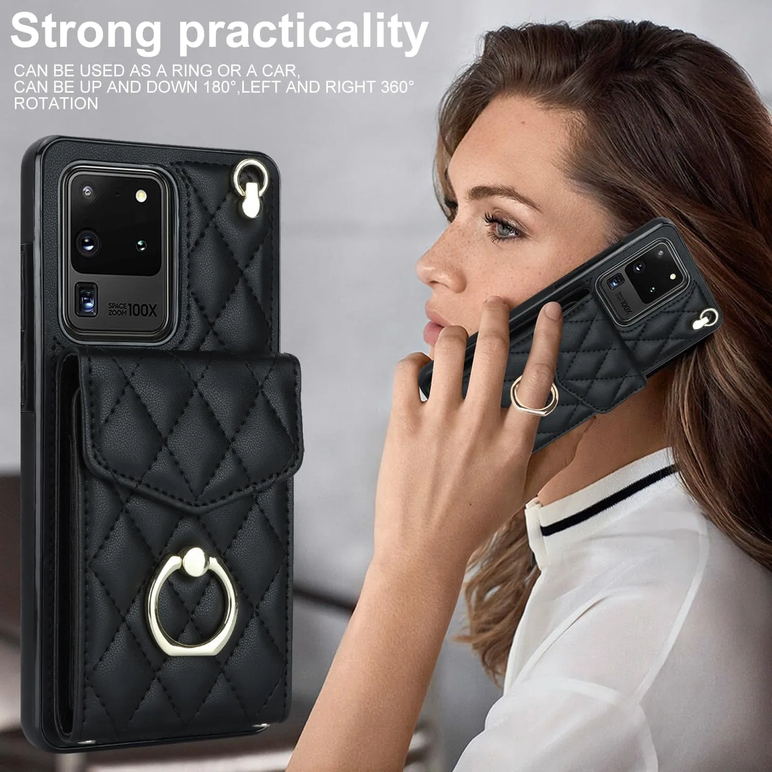 QLTYPRI Crossbody Wallet Case for Samsung Galaxy S21 Ultra,PU Leather Phone Case with RFID Blocking Card Slots Holder Ring Kickstand Wrist Strap Lanyard Handbag Purse Cover for Samsung S21 Ultra–Black
