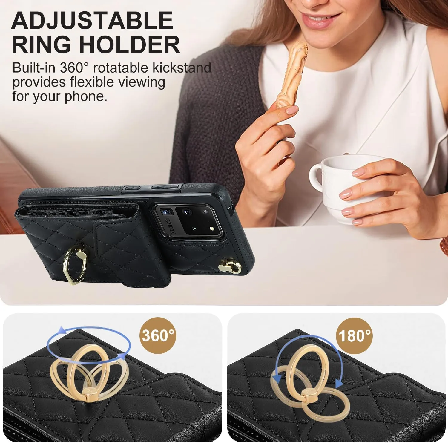 QLTYPRI Crossbody Wallet Case for Samsung Galaxy S21 Ultra,PU Leather Phone Case with RFID Blocking Card Slots Holder Ring Kickstand Wrist Strap Lanyard Handbag Purse Cover for Samsung S21 Ultra–Black