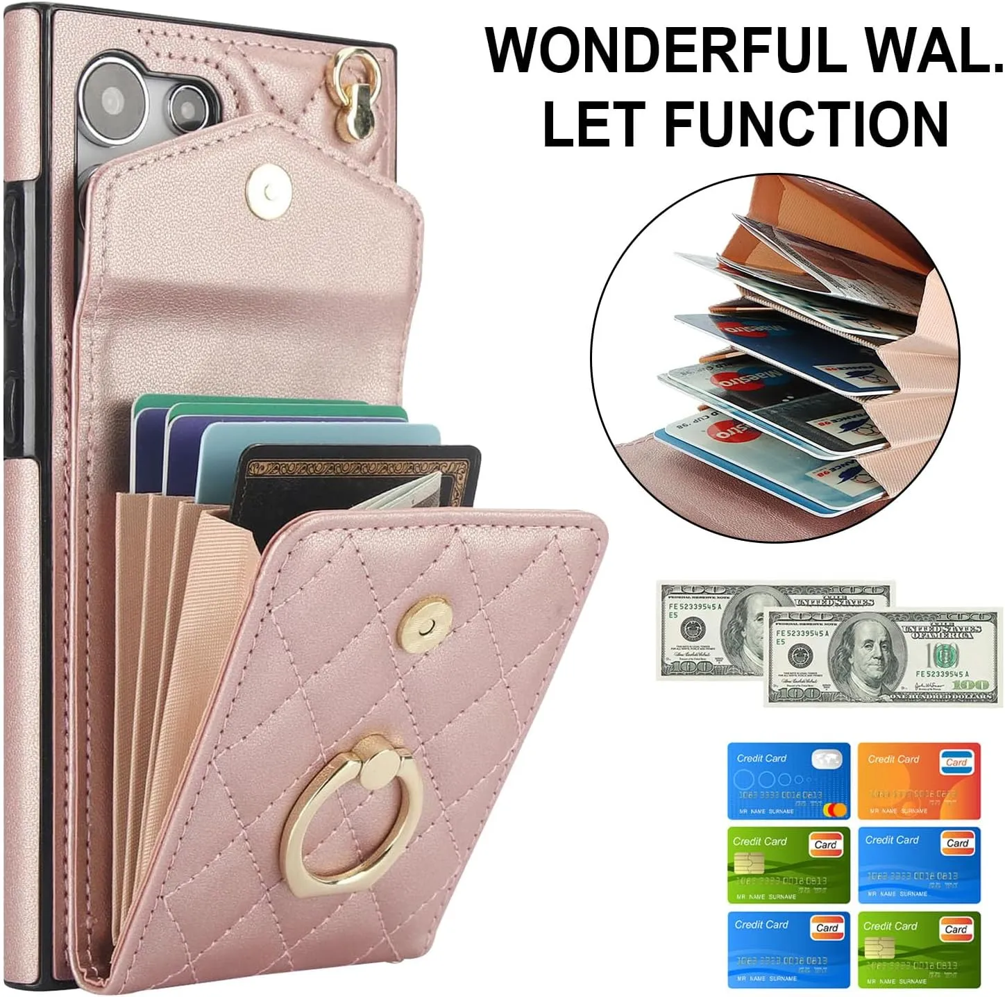 QLTYPRI Crossbody Wallet Case for Samsung Galaxy S24 Ultra, PU Leather Phone Case with RFID Blocking Card Slots Holder Ring Kickstand Wrist Strap Lanyard Handbag Purse Cover – Rose Gold