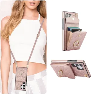 QLTYPRI Crossbody Wallet Case for Samsung Galaxy S24 Ultra, PU Leather Phone Case with RFID Blocking Card Slots Holder Ring Kickstand Wrist Strap Lanyard Handbag Purse Cover – Rose Gold