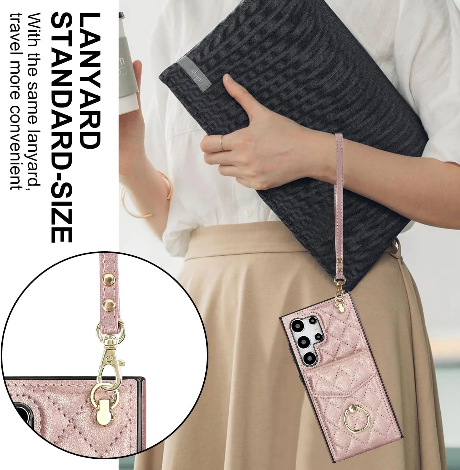 QLTYPRI Crossbody Wallet Case for Samsung Galaxy S24 Ultra, PU Leather Phone Case with RFID Blocking Card Slots Holder Ring Kickstand Wrist Strap Lanyard Handbag Purse Cover – Rose Gold