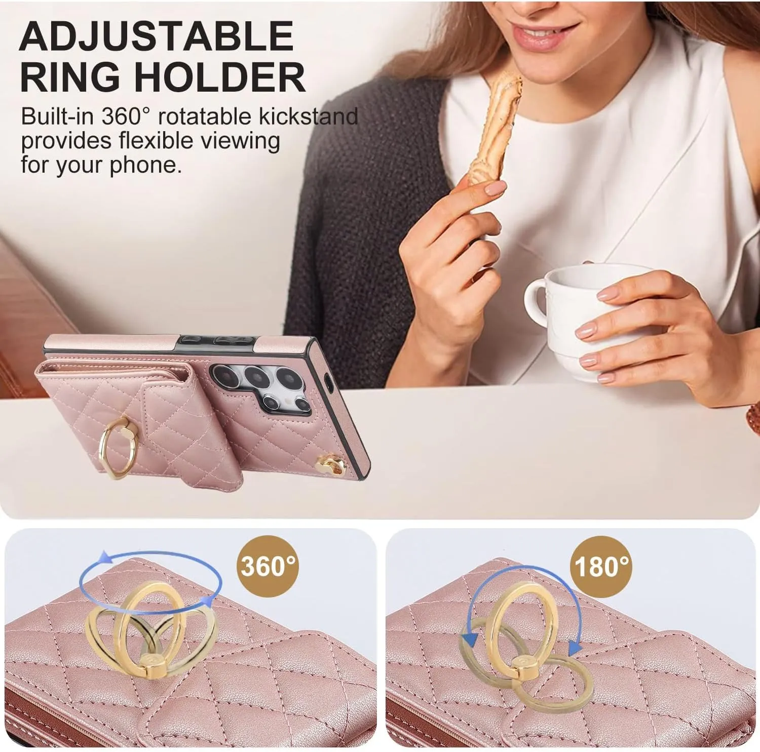 QLTYPRI Crossbody Wallet Case for Samsung Galaxy S24 Ultra, PU Leather Phone Case with RFID Blocking Card Slots Holder Ring Kickstand Wrist Strap Lanyard Handbag Purse Cover – Rose Gold