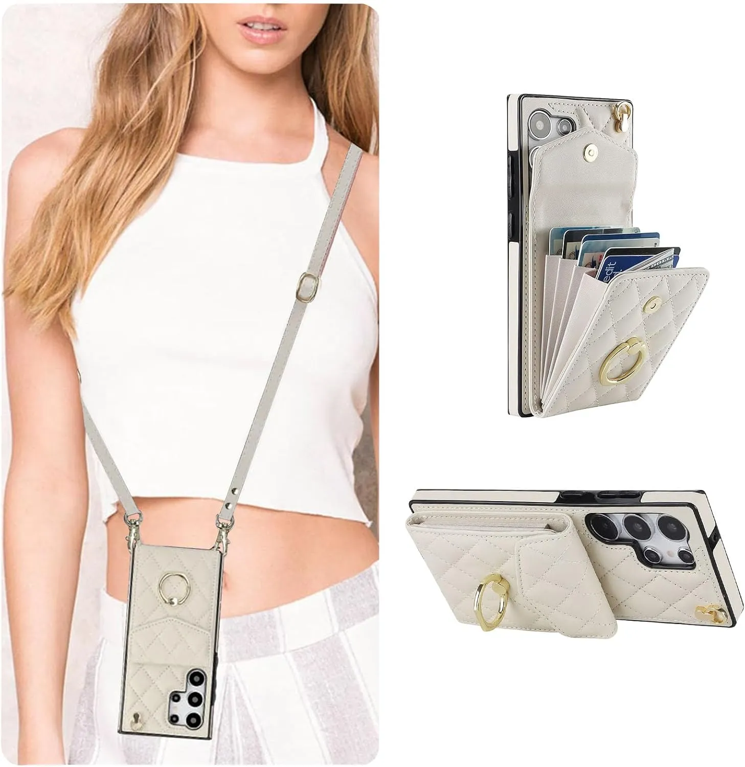 QLTYPRI Crossbody Wallet Case for Samsung Galaxy S25 Ultra, PU Leather Phone Case with RFID Blocking Card Slots Holder Ring Kickstand Wrist Strap Lanyard Handbag Purse Cover - White