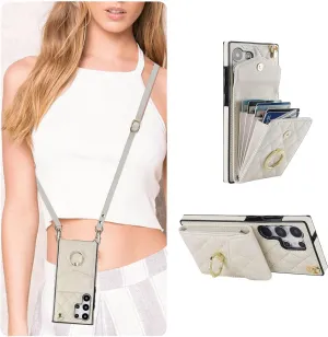 QLTYPRI Crossbody Wallet Case for Samsung Galaxy S25 Ultra, PU Leather Phone Case with RFID Blocking Card Slots Holder Ring Kickstand Wrist Strap Lanyard Handbag Purse Cover - White