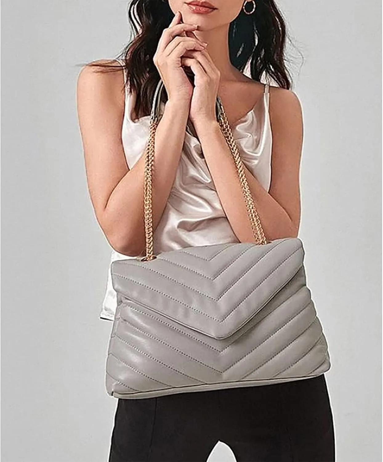 Quilted Crossbody Bag for Women, Soft Vegan Chevron Purses, Trendy Shoulder Handbags with Flap