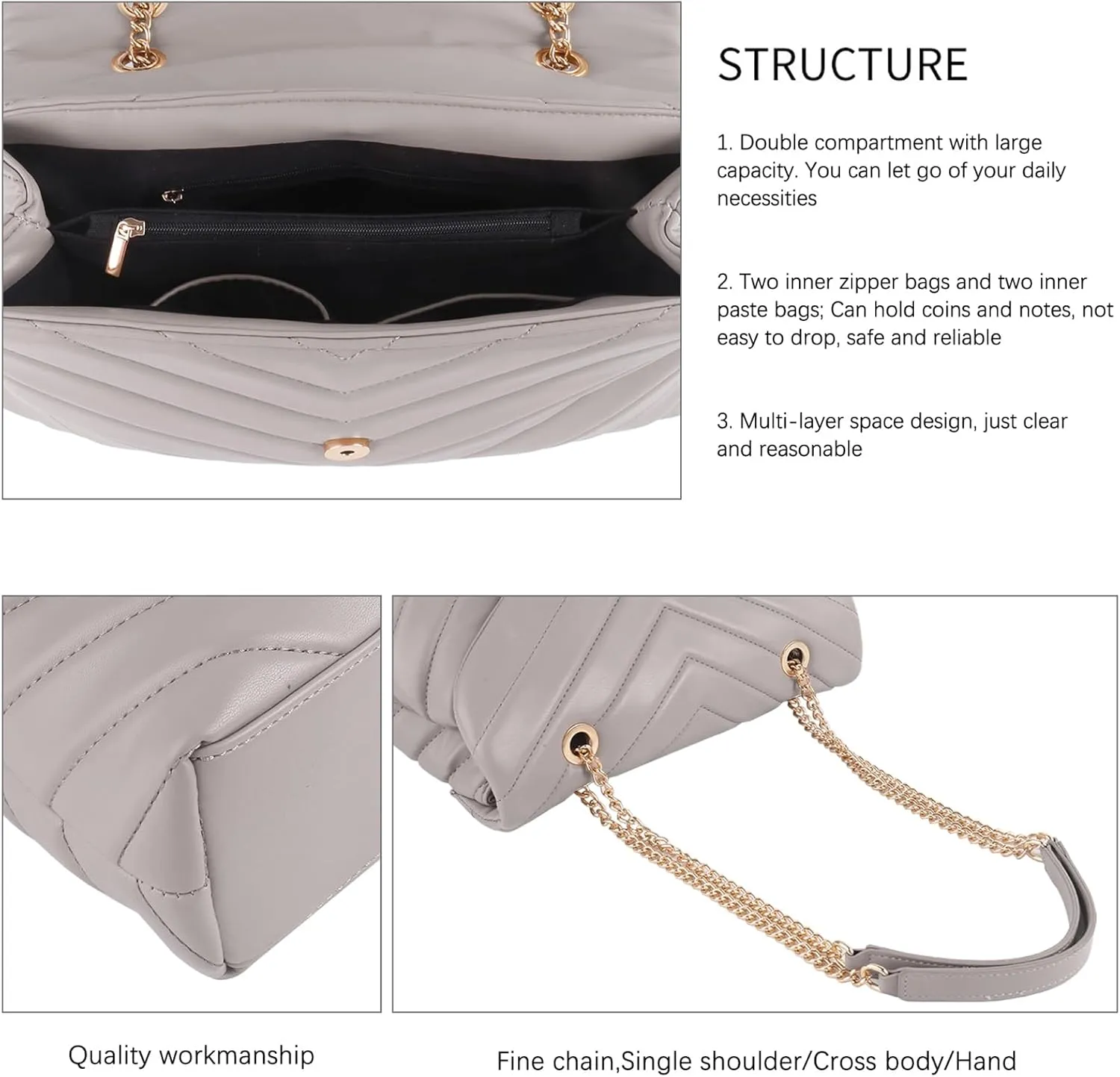 Quilted Crossbody Bag for Women, Soft Vegan Chevron Purses, Trendy Shoulder Handbags with Flap