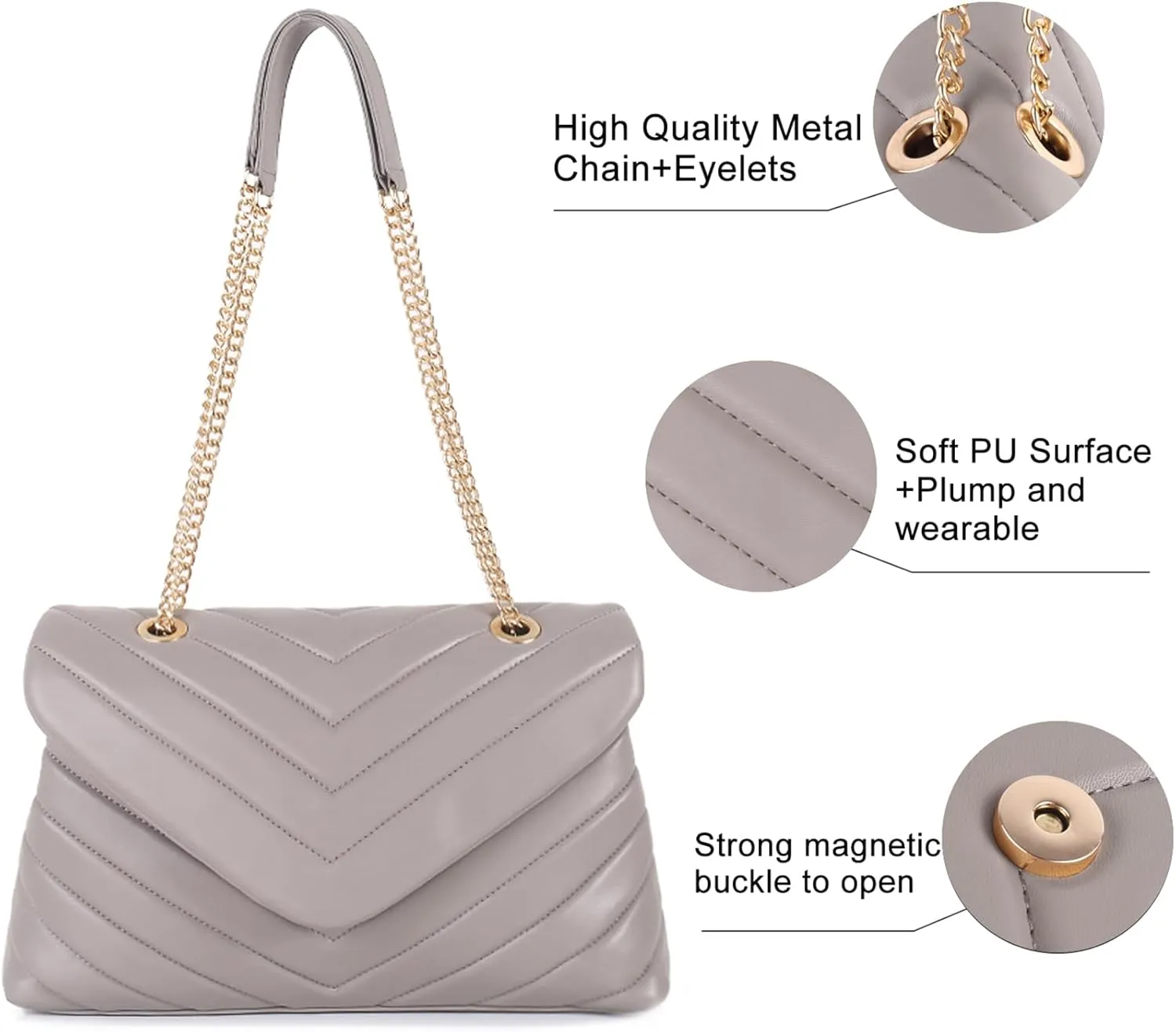 Quilted Crossbody Bag for Women, Soft Vegan Chevron Purses, Trendy Shoulder Handbags with Flap