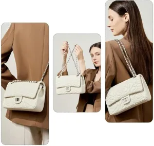 Quilted Genuine Leather Crossbody Purse for Women Trendy Ladies Shoulder Bag with Chain HandBag Purses