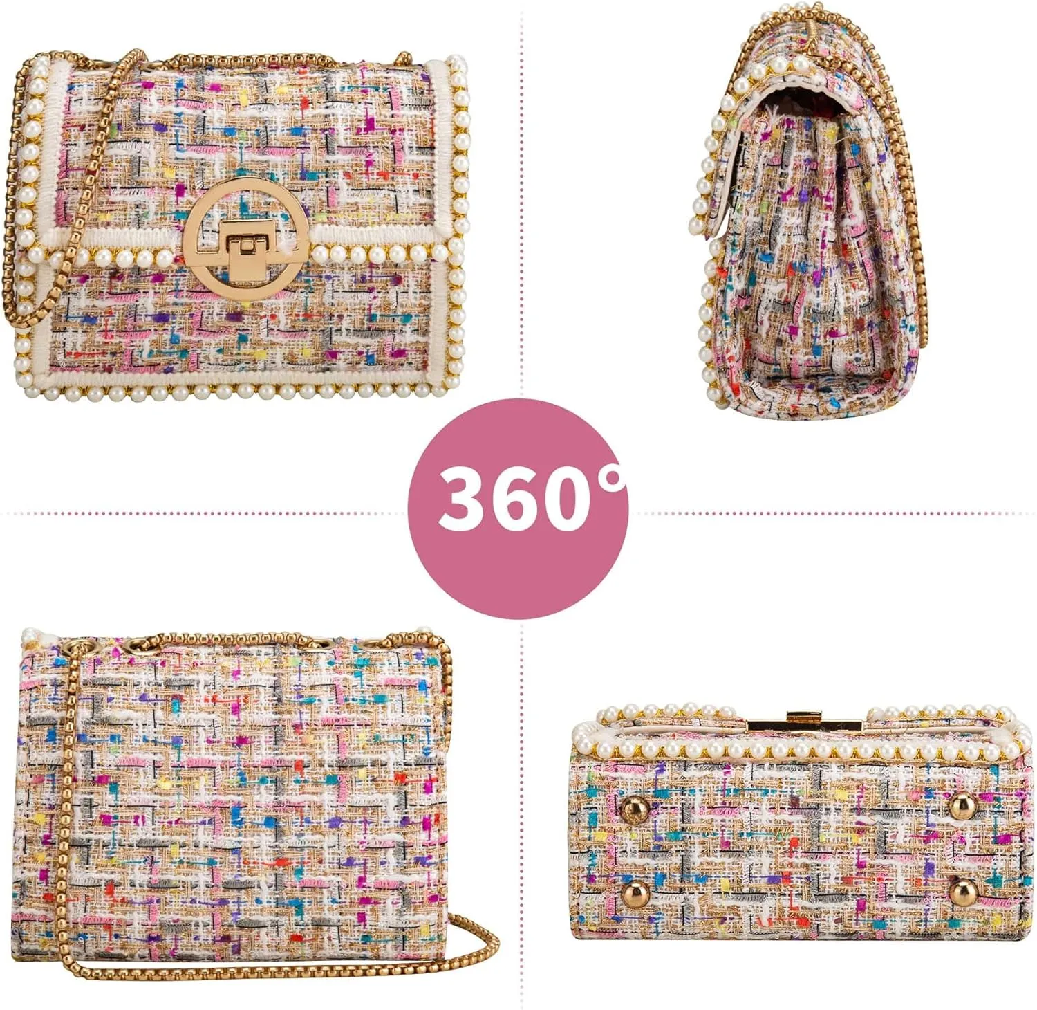 Quilted Shoulder Bag Purse for Women Fashion Tweed Pearl Clutch Handbag Designer Small Crossbody Bag, with Chain Strap