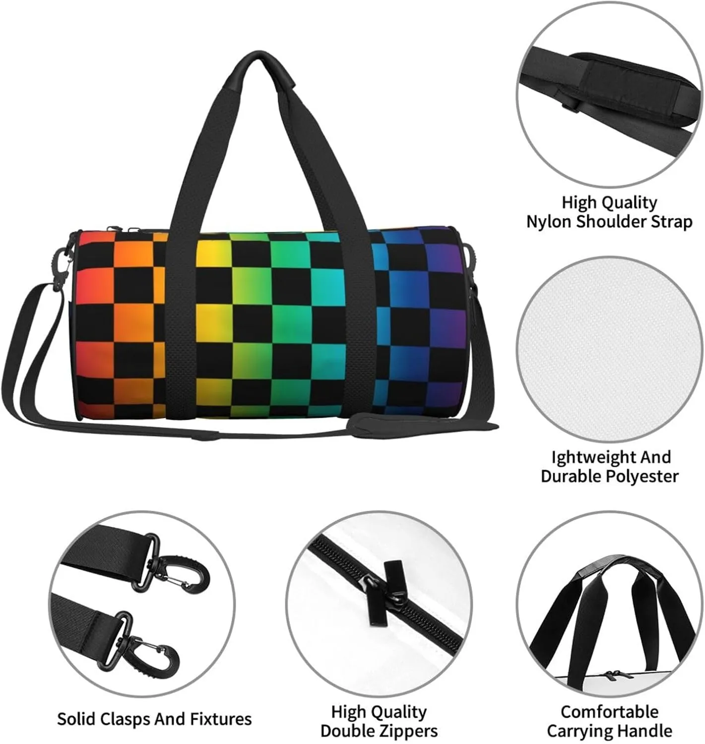 Rainbow Checkered Sports Gym Bag Travel Duffel Bag Shoes Compartment For Men Women Foldable Lightweight Yoga Gym Sports Bag