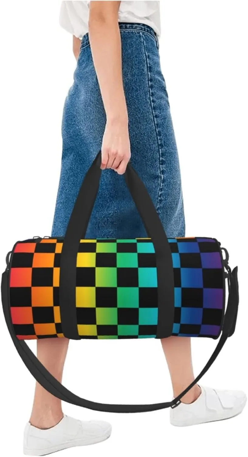 Rainbow Checkered Sports Gym Bag Travel Duffel Bag Shoes Compartment For Men Women Foldable Lightweight Yoga Gym Sports Bag