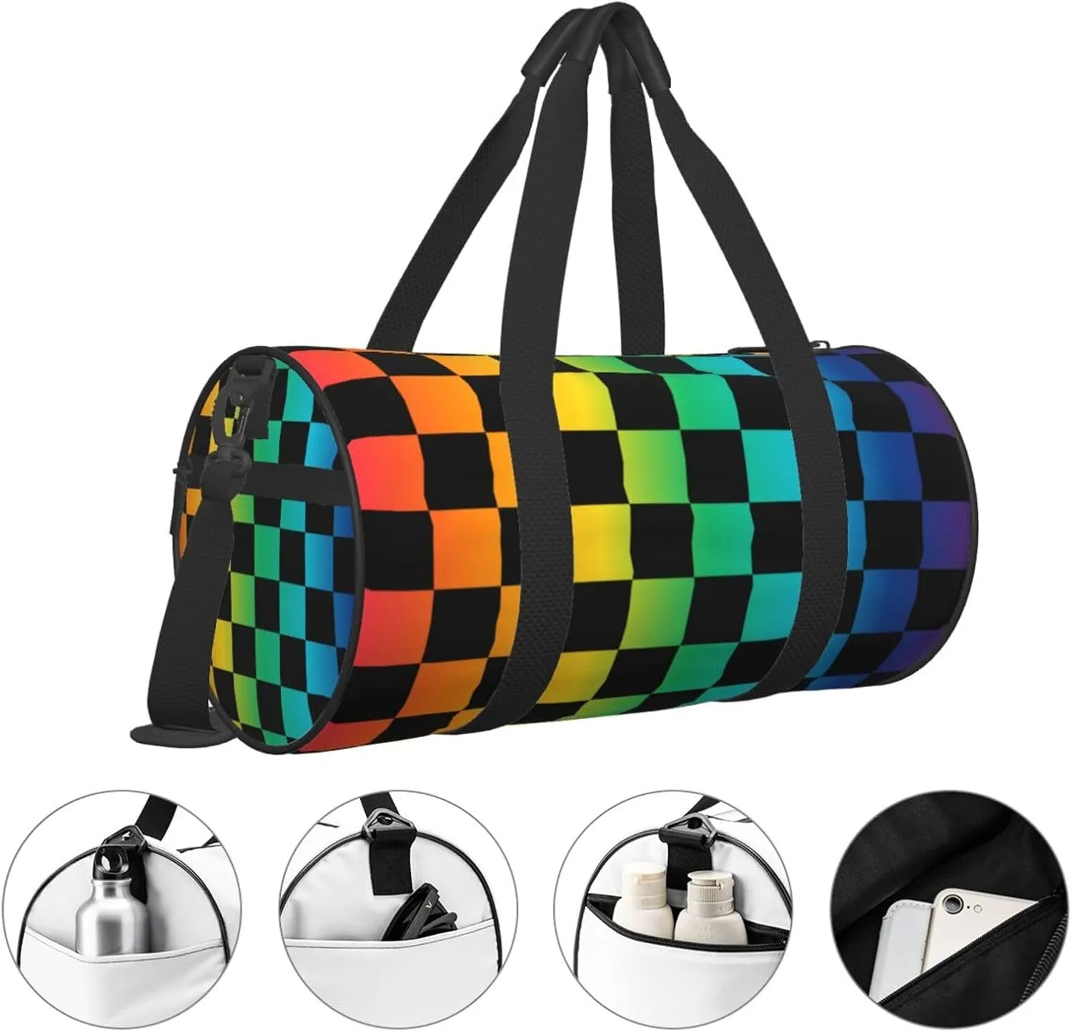 Rainbow Checkered Sports Gym Bag Travel Duffel Bag Shoes Compartment For Men Women Foldable Lightweight Yoga Gym Sports Bag