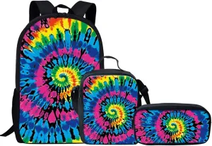 Rainbow Tie-Dye Backpack for Girls Boys Primary School Bag Bookbag 3Pcs with Thermal Lunch Box Pencil Holder Set for Toddler Kids Elementary School Backpacks