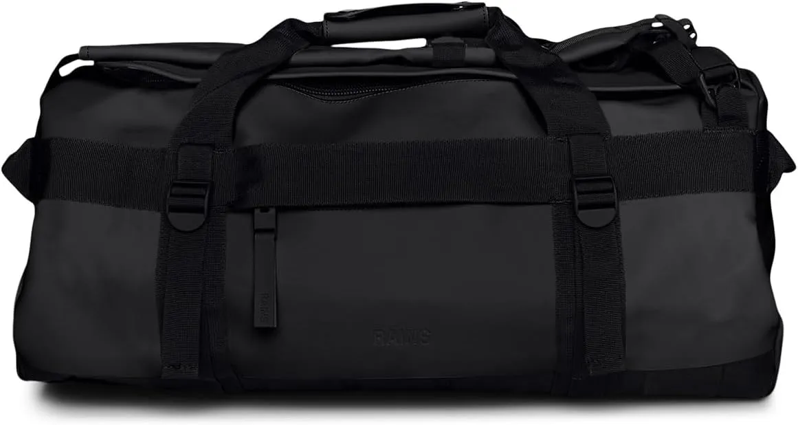 RAINS Texel Duffel Bag - Waterproof Black Large Travel Bag with U-Shaped Zip Closure, Compression Straps, Mesh Pockets, and Padded Carry Handles - 2 Year Warranty