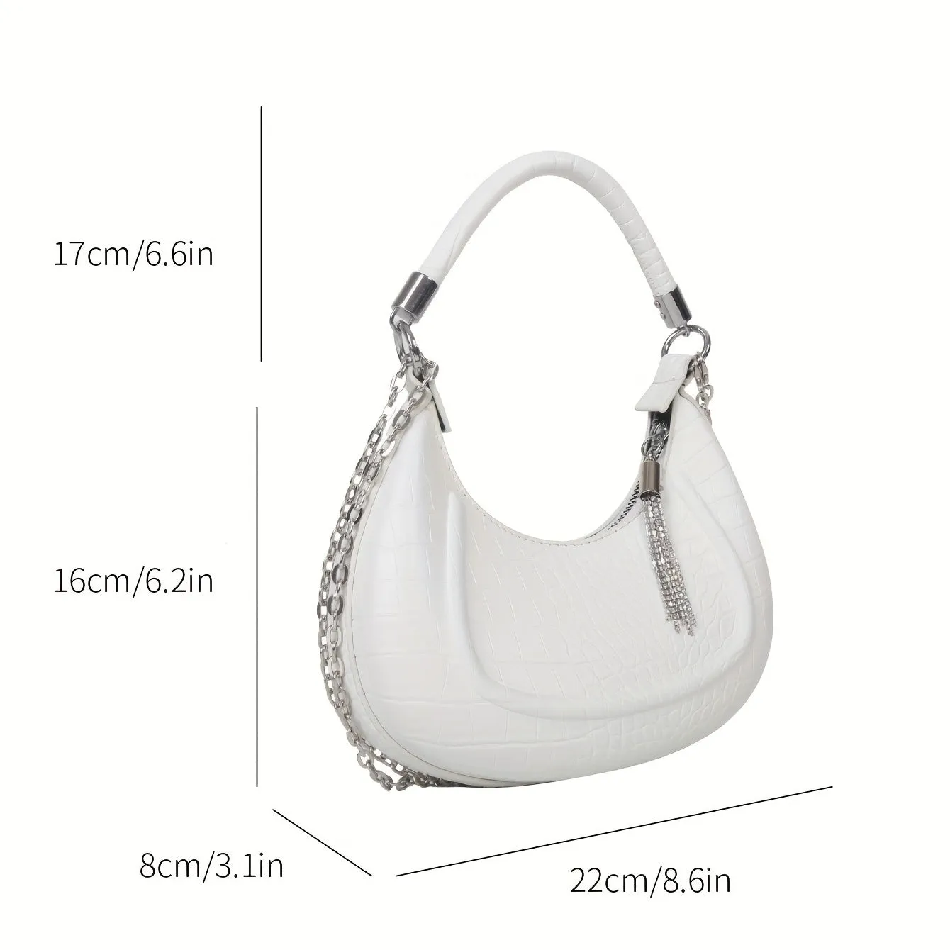 realaiot  Crocodile Embossed Hobo Bag, Fashion Chain Crossbody Bag, Women's Tassel Decor Underarm Purses