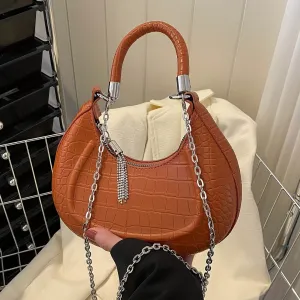 realaiot  Crocodile Embossed Hobo Bag, Fashion Chain Crossbody Bag, Women's Tassel Decor Underarm Purses