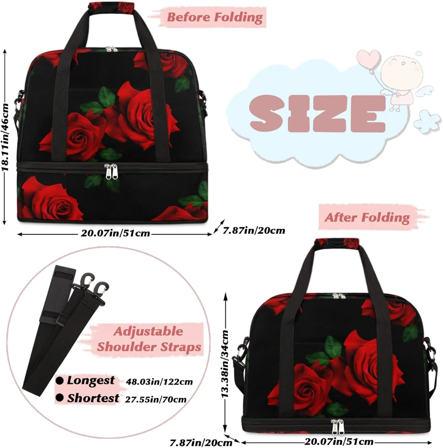 Red Rose Black Foldable Travel Duffel Bag Tote Carry On Luggage Sports Gym Bag With Shoe Compartment For Woman Man Overnight Weekend Yoga Workout Bag Training Handbag
