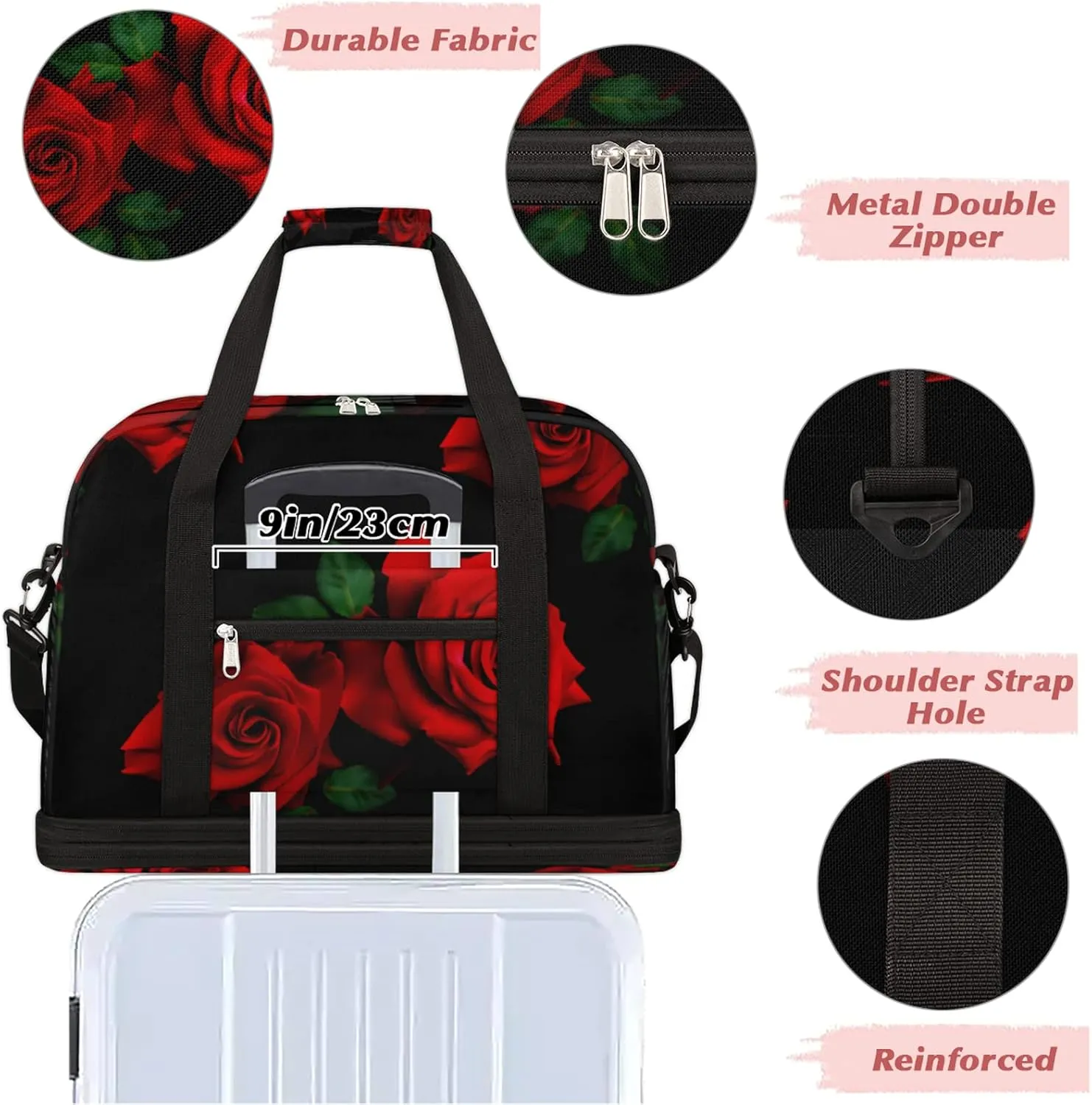 Red Rose Black Foldable Travel Duffel Bag Tote Carry On Luggage Sports Gym Bag With Shoe Compartment For Woman Man Overnight Weekend Yoga Workout Bag Training Handbag