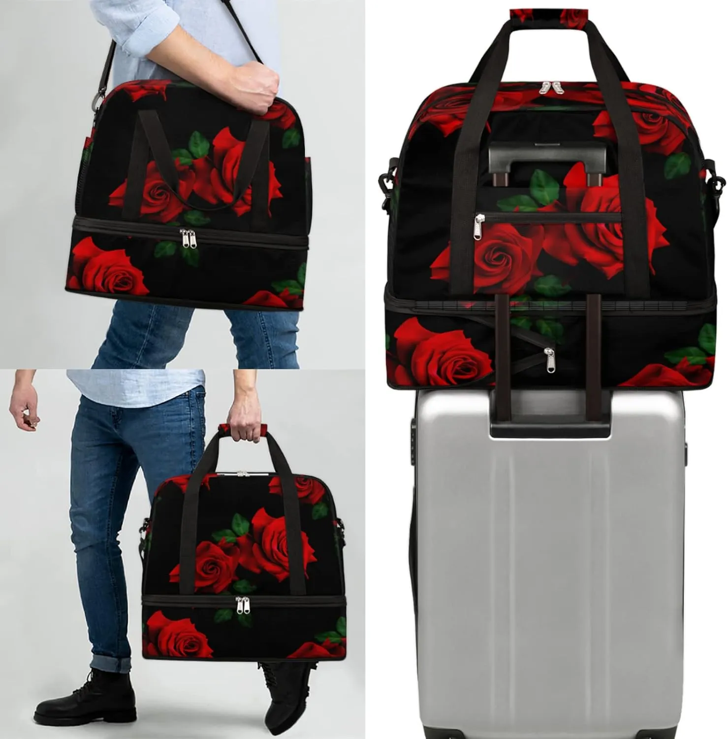 Red Rose Black Foldable Travel Duffel Bag Tote Carry On Luggage Sports Gym Bag With Shoe Compartment For Woman Man Overnight Weekend Yoga Workout Bag Training Handbag