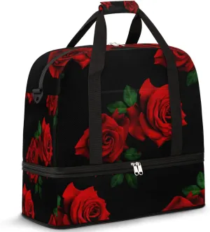 Red Rose Black Foldable Travel Duffel Bag Tote Carry On Luggage Sports Gym Bag With Shoe Compartment For Woman Man Overnight Weekend Yoga Workout Bag Training Handbag