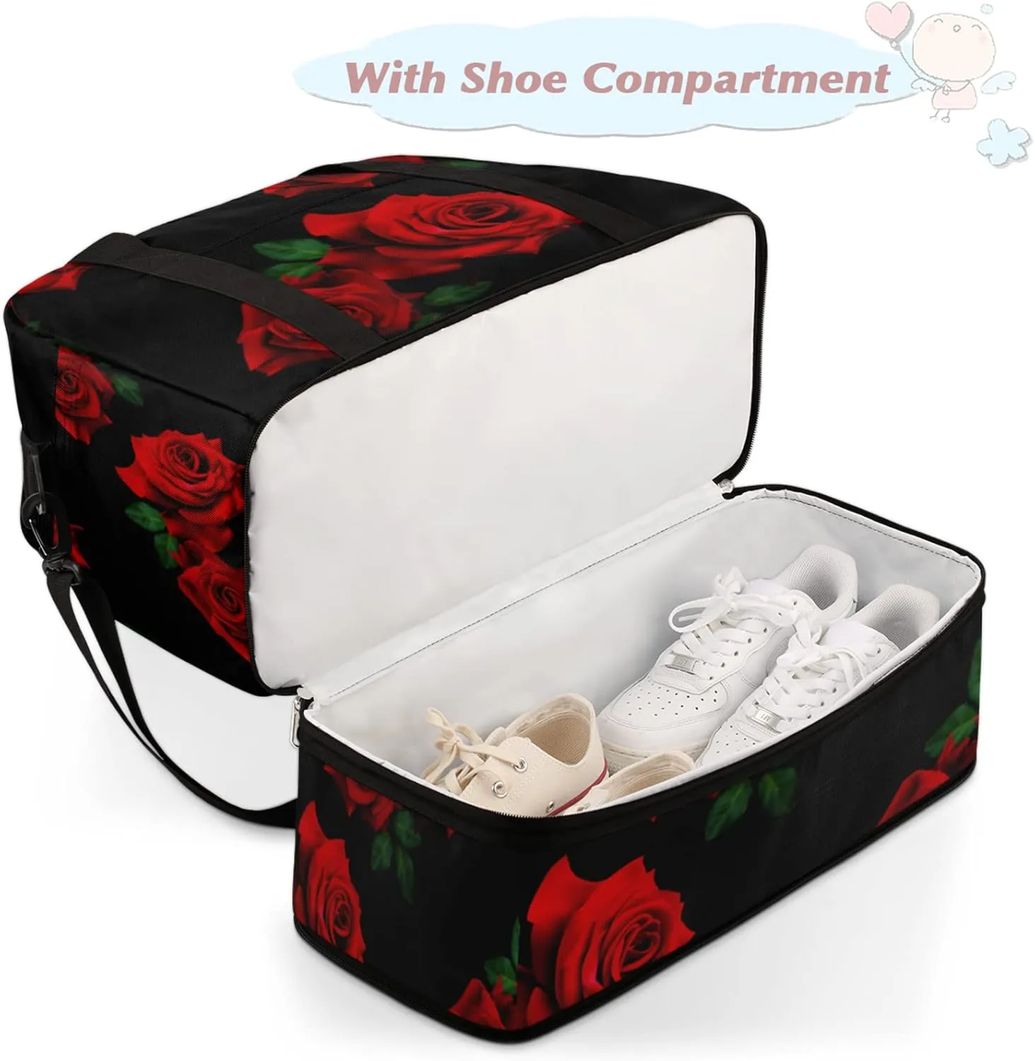 Red Rose Black Foldable Travel Duffel Bag Tote Carry On Luggage Sports Gym Bag With Shoe Compartment For Woman Man Overnight Weekend Yoga Workout Bag Training Handbag