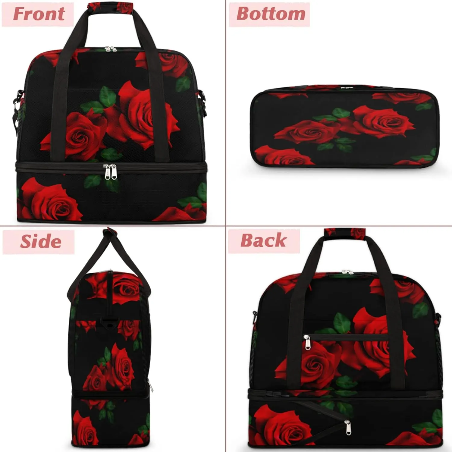 Red Rose Black Foldable Travel Duffel Bag Tote Carry On Luggage Sports Gym Bag With Shoe Compartment For Woman Man Overnight Weekend Yoga Workout Bag Training Handbag
