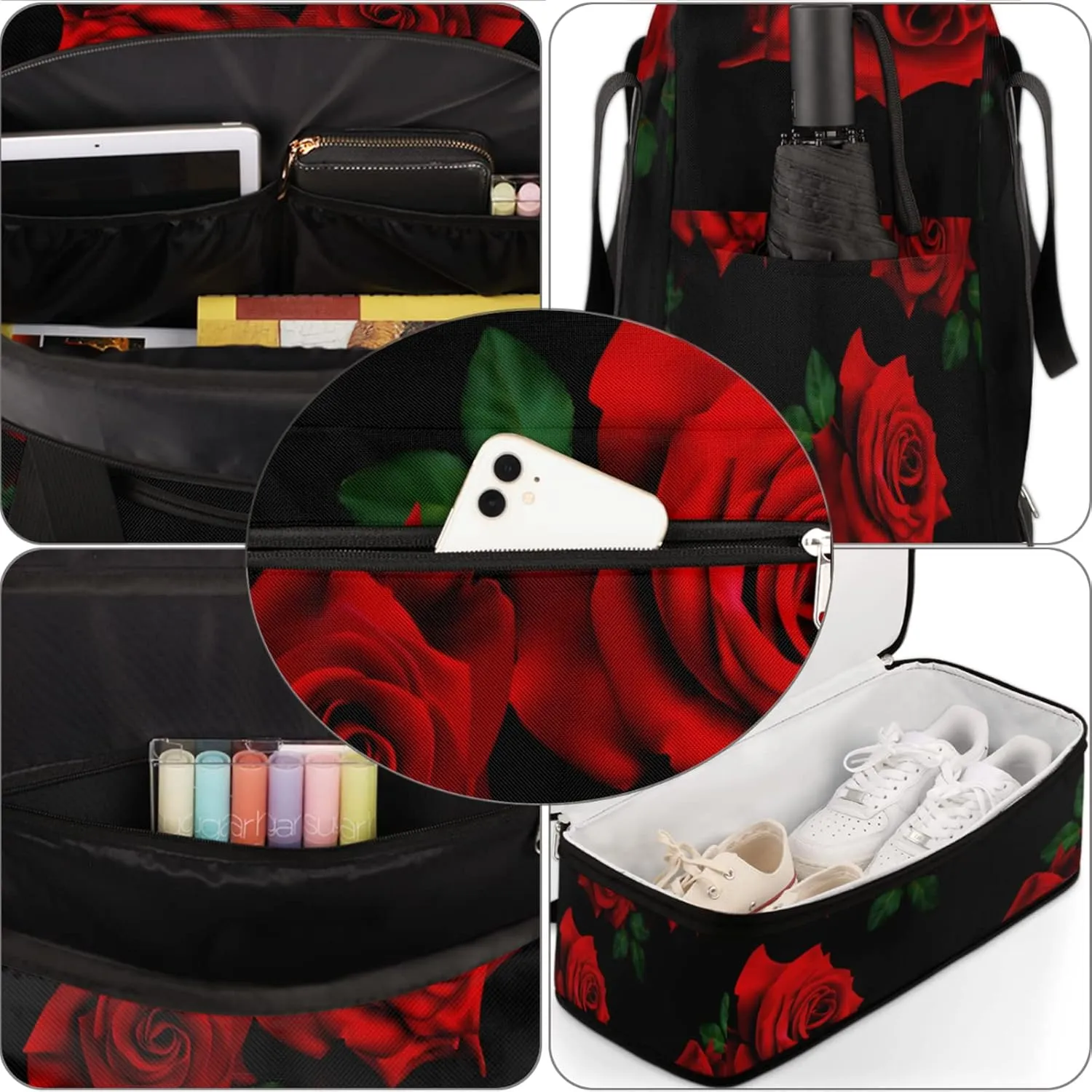 Red Rose Black Foldable Travel Duffel Bag Tote Carry On Luggage Sports Gym Bag With Shoe Compartment For Woman Man Overnight Weekend Yoga Workout Bag Training Handbag