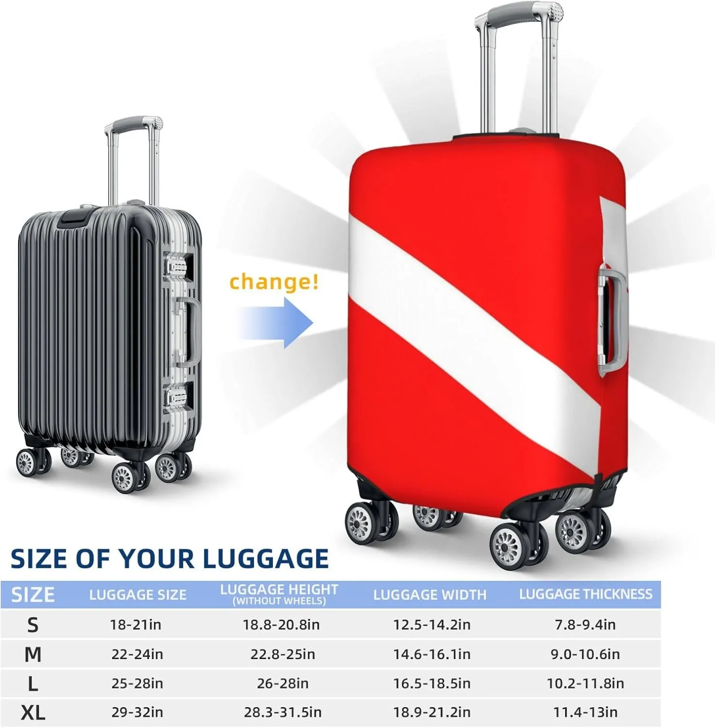 Red White Scuba Divers Flag Travel Luggage Cover Fits 18-32 Inch Luggage, Elastic Suitcase Cover Protector with Concealed Zipper for Wheeled Suitcase Tsa Approved
